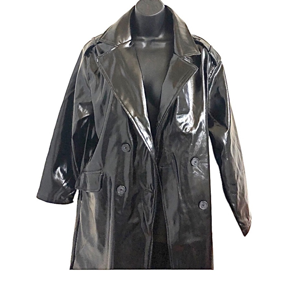 Black patent pleather double breasted futuristic long trench coat size small new